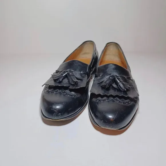 Vintage Salvatore Ferragamo Mens Black Leather Tassel Wingtip Loafer Shoes 8.5D
