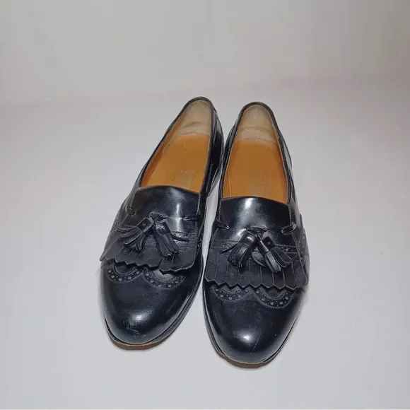 Vintage Salvatore Ferragamo Mens Black Leather Tassel Wingtip Loafer Shoes 8.5D