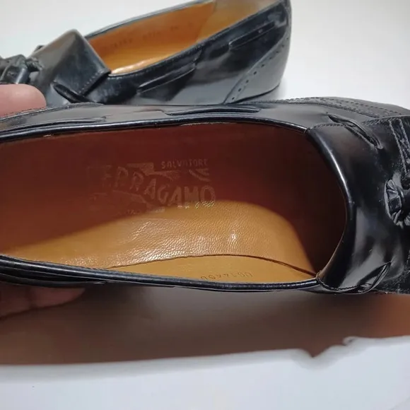 Vintage Salvatore Ferragamo Mens Black Leather Tassel Wingtip Loafer Shoes 8.5D