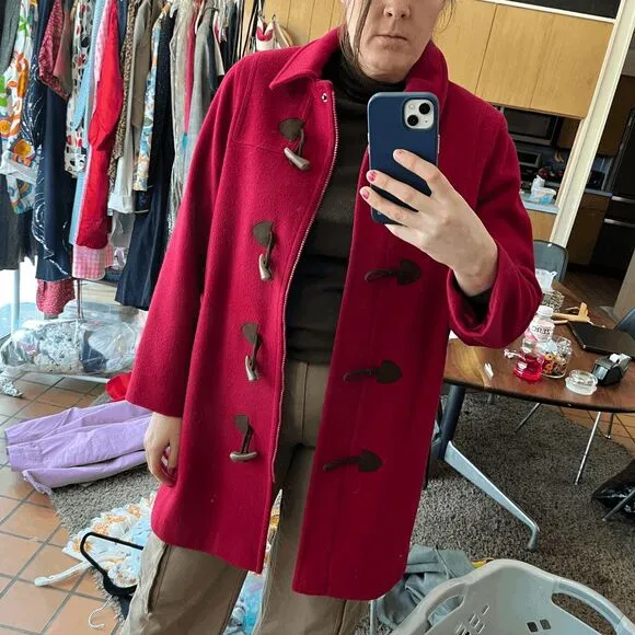 Vintage Talbots Red Wool Duffle Coat Toggle Closure Jacket Size 10