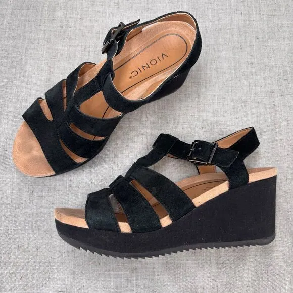 Vionic Tawny Wedge Heels Black Suede Strappy Sandals Platform Women's Size 8