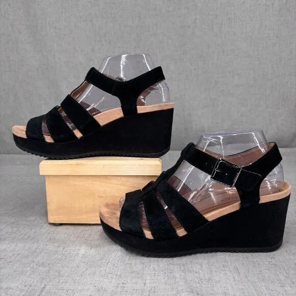 Vionic Tawny Wedge Heels Black Suede Strappy Sandals Platform Women's Size 8