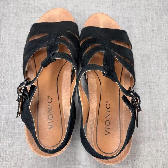 Vionic Tawny Wedge Heels Black Suede Strappy Sandals Platform Women's Size 8