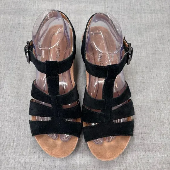 Vionic Tawny Wedge Heels Black Suede Strappy Sandals Platform Women's Size 8