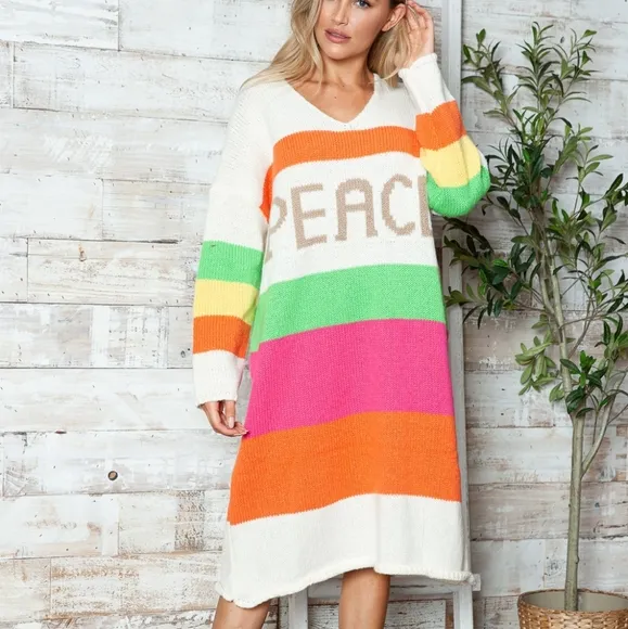 Vivid Block Sweater Dress - Beige