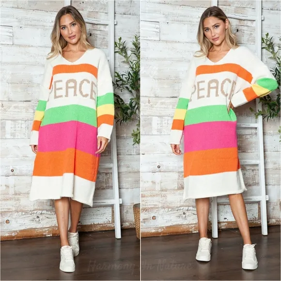 Vivid Block Sweater Dress - Beige