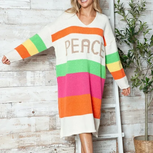 Vivid Block Sweater Dress - Beige