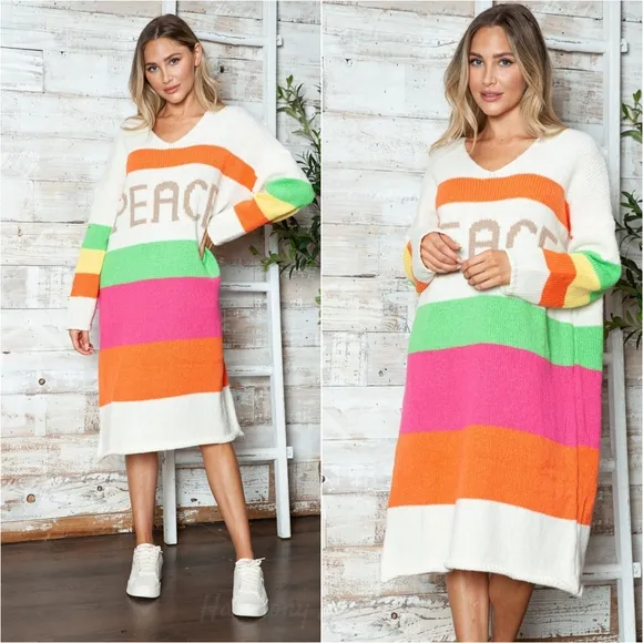 Vivid Block Sweater Dress - Beige