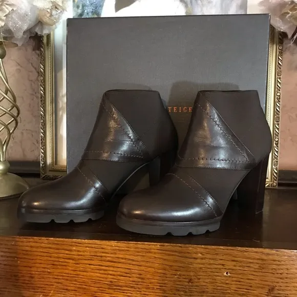 WALTER STEIGER BROWN LEATHER AND STRETCH FABRIC HEELED BOOTIES NIB (35.5)