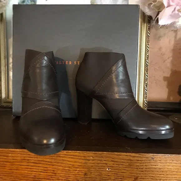 WALTER STEIGER BROWN LEATHER AND STRETCH FABRIC HEELED BOOTIES NIB (35.5)
