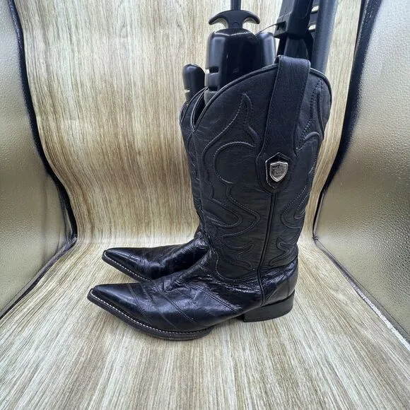 Wild West Exotic Eel Leather Men's Size 8.5 EE Shoes Black Cowboy‎ Boots