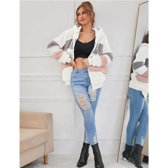 Women Fashion Color Block Faux Shearling Coat Warm Hooded Zip Up Fuzzy