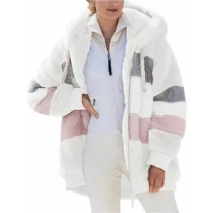 Women Fashion Color Block Faux Shearling Coat Warm Hooded Zip Up Fuzzy