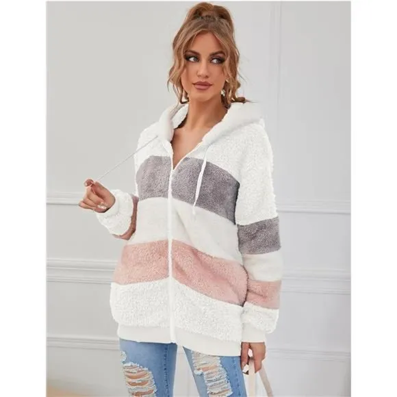 Women Fashion Color Block Faux Shearling Coat Warm Hooded Zip Up Fuzzy