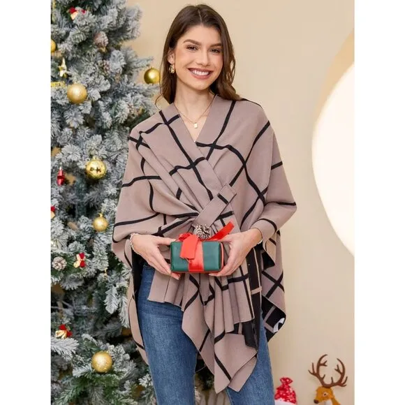 Women's Az Black and Khaki Fall Winter Shawl Open Front Cardigan Imported Shawls