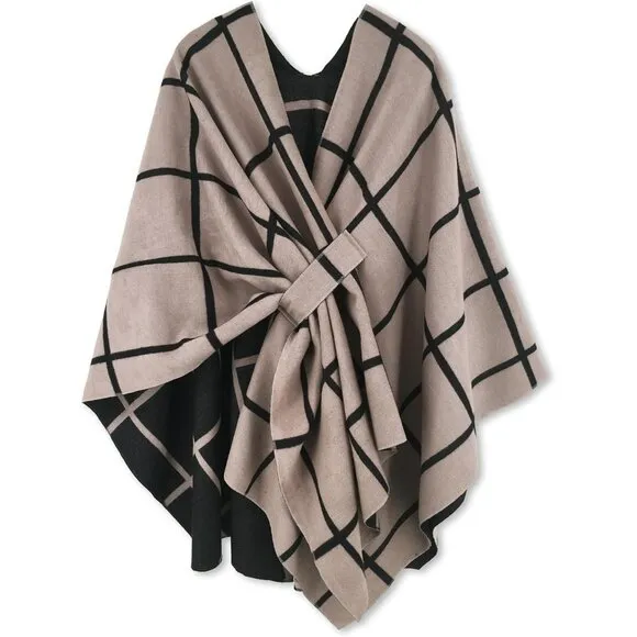 Women's Az Black and Khaki Fall Winter Shawl Open Front Cardigan Imported Shawls
