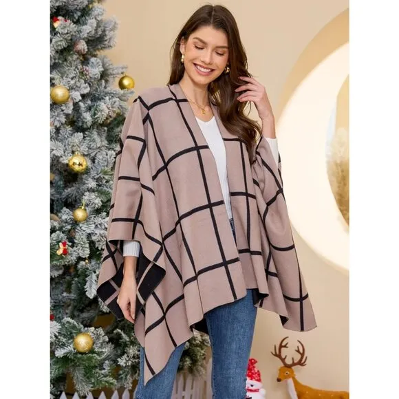 Women's Az Black and Khaki Fall Winter Shawl Open Front Cardigan Imported Shawls