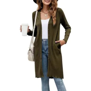 Women's Button Front Long Cardigan with Pockets Outerwear Sweaters