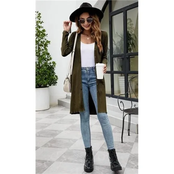 Women's Button Front Long Cardigan with Pockets Outerwear Sweaters