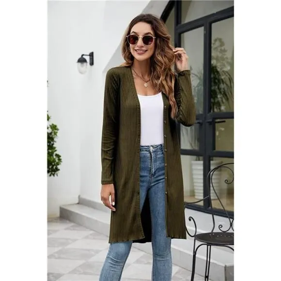 Women's Button Front Long Cardigan with Pockets Outerwear Sweaters