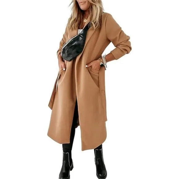 Womens Classic Coat Lapel Collar Open Front Belted Long Jacket