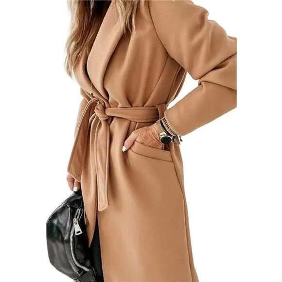 Womens Classic Coat Lapel Collar Open Front Belted Long Jacket