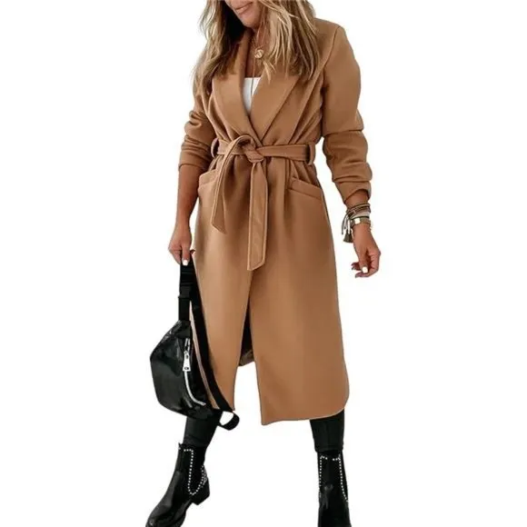 Womens Classic Coat Lapel Collar Open Front Belted Long Jacket