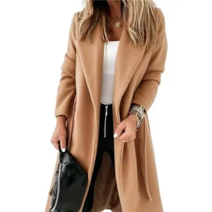 Womens Classic Coat Lapel Collar Open Front Belted Long Jacket