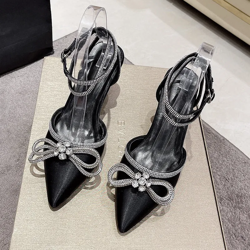 Women's Fashion Rhinestone Bow Pointed High Heels
