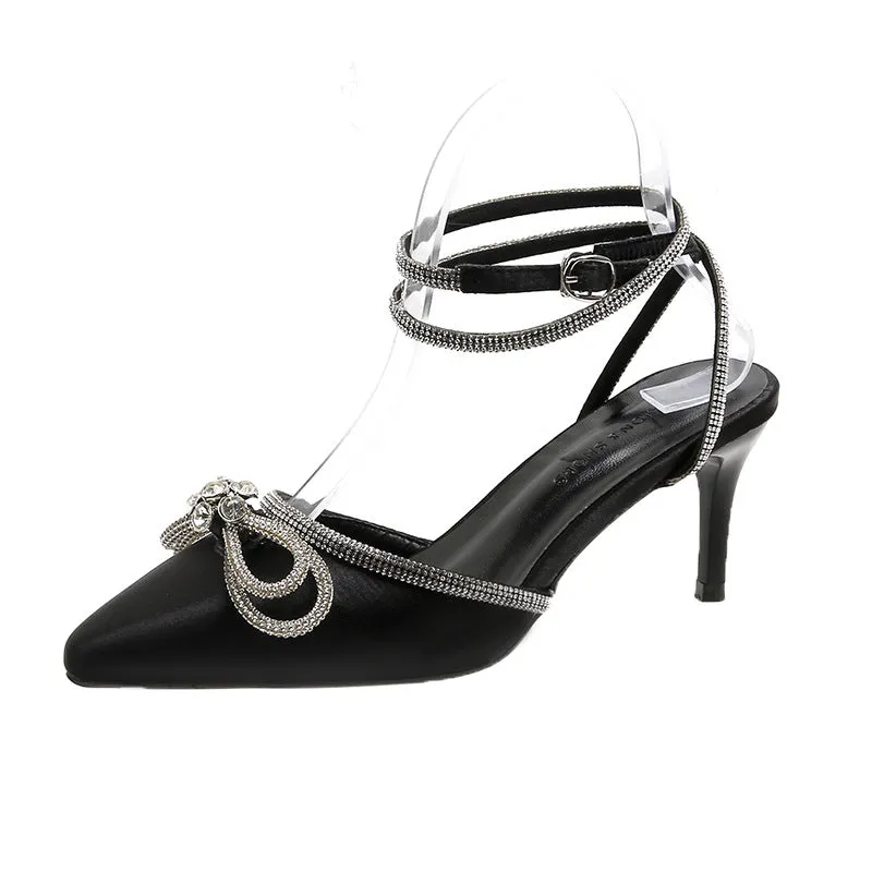 Women's Fashion Rhinestone Bow Pointed High Heels