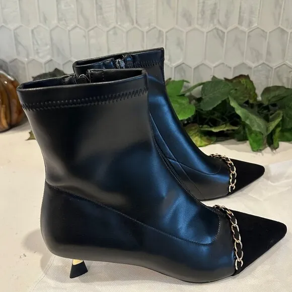 Women's Fashion Two Tone Pointy Toe Kitten Heel Stretched Ankle Boots Shoes