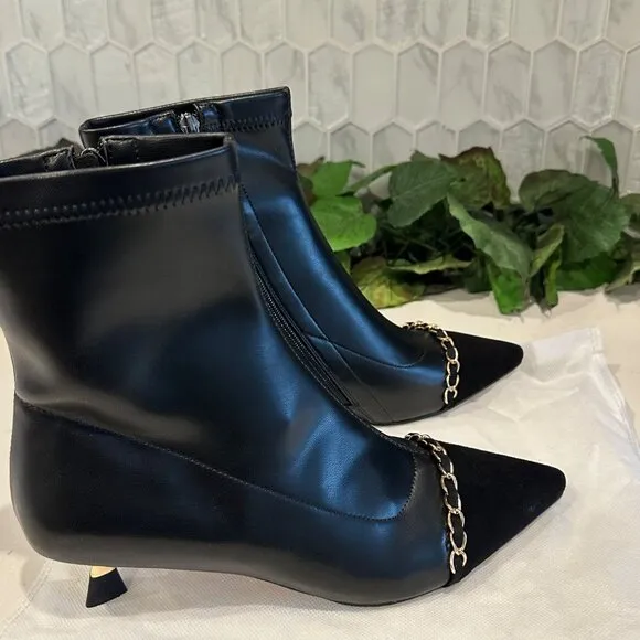 Women's Fashion Two Tone Pointy Toe Kitten Heel Stretched Ankle Boots Shoes