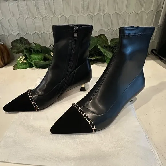 Women's Fashion Two Tone Pointy Toe Kitten Heel Stretched Ankle Boots Shoes