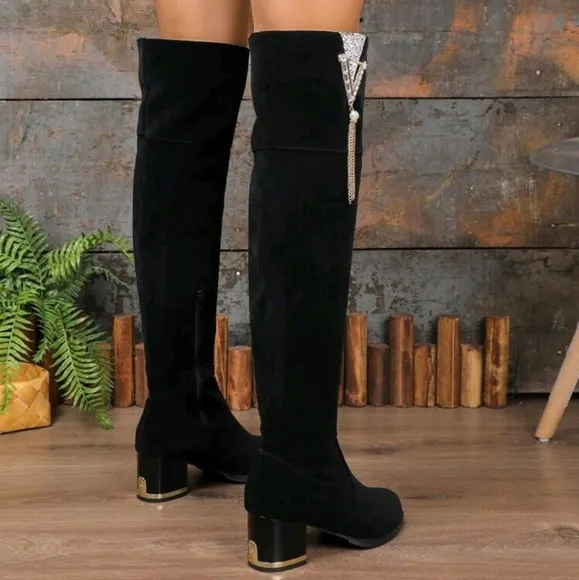 Women's Fringed Black Suede Knee-High Boots,Thick Heel,Side Zipper,Warm Slim
