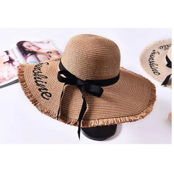 Women's Letter Embroidery Wide Brim Straw Sun Hat with Ribbon Lace