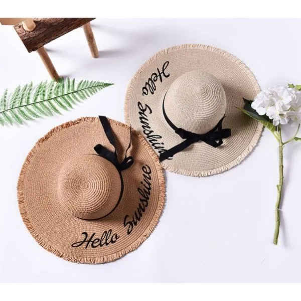 Women's Letter Embroidery Wide Brim Straw Sun Hat with Ribbon Lace
