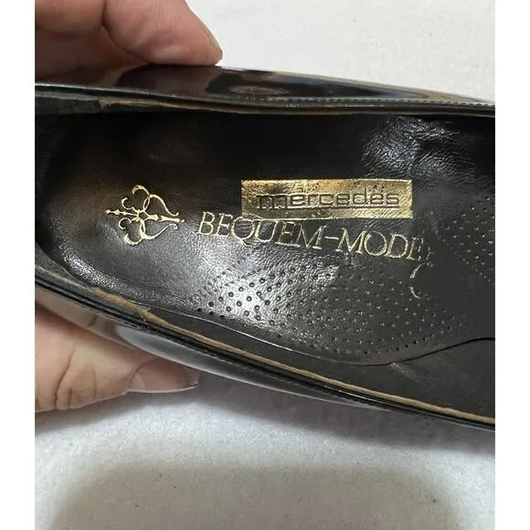 Women's Mercedes Patent Leather Shoes Rate Size 4 1/2 F Green &amp; Beige Mid Heel