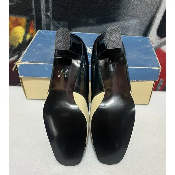 Women's Mercedes Patent Leather Shoes Rate Size 4 1/2 F Green &amp; Beige Mid Heel