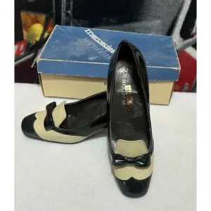 Women's Mercedes Patent Leather Shoes Rate Size 4 1/2 F Green &amp; Beige Mid Heel