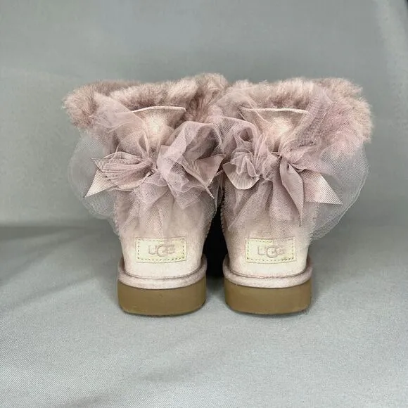 Womens Uggs Boots Bailey Bow Tulle Mini Dusk Pink Purple Sz 6 Fits 7 Suede Rare