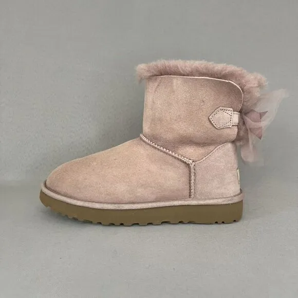 Womens Uggs Boots Bailey Bow Tulle Mini Dusk Pink Purple Sz 6 Fits 7 Suede Rare