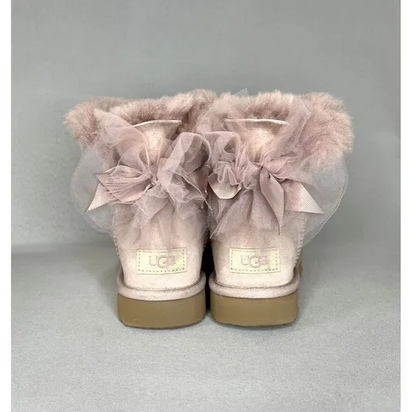 Womens Uggs Boots Bailey Bow Tulle Mini Dusk Pink Purple Sz 6 Fits 7 Suede Rare