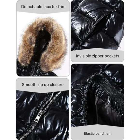 Women's Warm Quilted Bubble Padded Hood Coat with Faux Fur Collar, Black