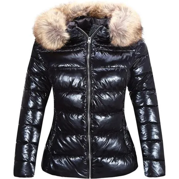 Women's Warm Quilted Bubble Padded Hood Coat with Faux Fur Collar, Black