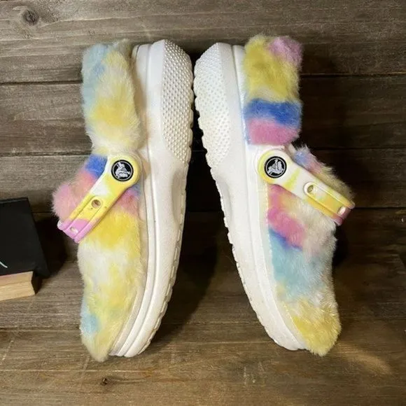 Womens Crocs Fur Sure Fuzzy Furry‎ Colorful Clogs Mules Shoes Size 8 GUC
