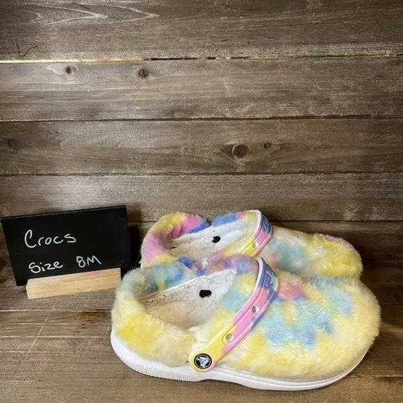 Womens Crocs Fur Sure Fuzzy Furry‎ Colorful Clogs Mules Shoes Size 8 GUC