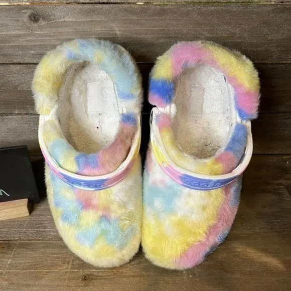Womens Crocs Fur Sure Fuzzy Furry‎ Colorful Clogs Mules Shoes Size 8 GUC