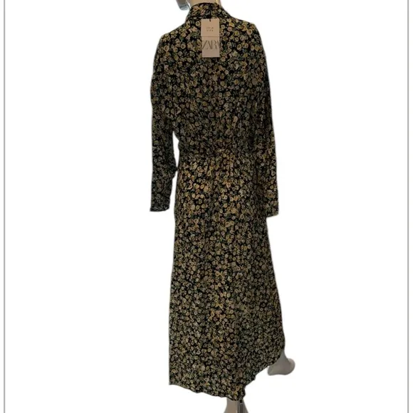 Zara Green Floral Long Sleeve Midi Shirt Dress Size Large NWT