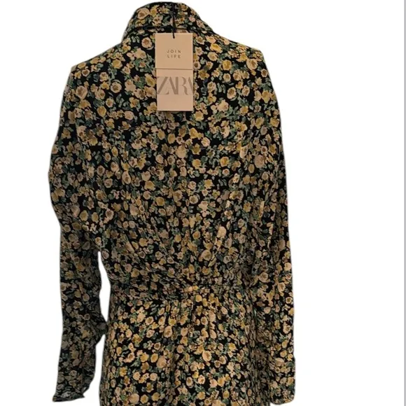 Zara Green Floral Long Sleeve Midi Shirt Dress Size Large NWT