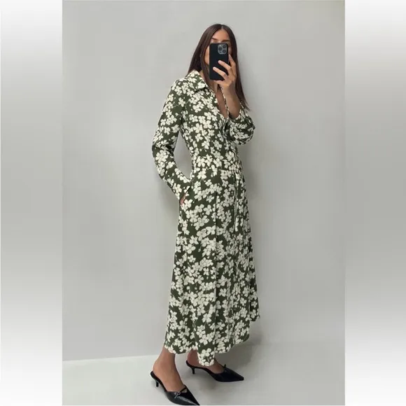 Zara Green Floral Long Sleeve Midi Shirt Dress Size Large NWT